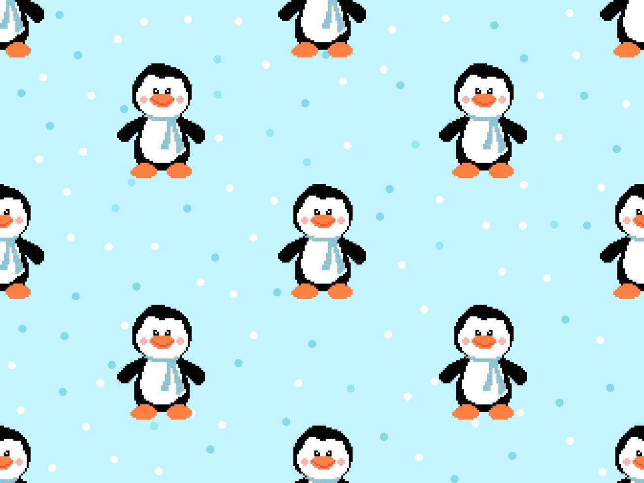 personaje de dibujos animados de pingüinos de patrones sin fisuras sobre fondo azul. estilo de píxel vector