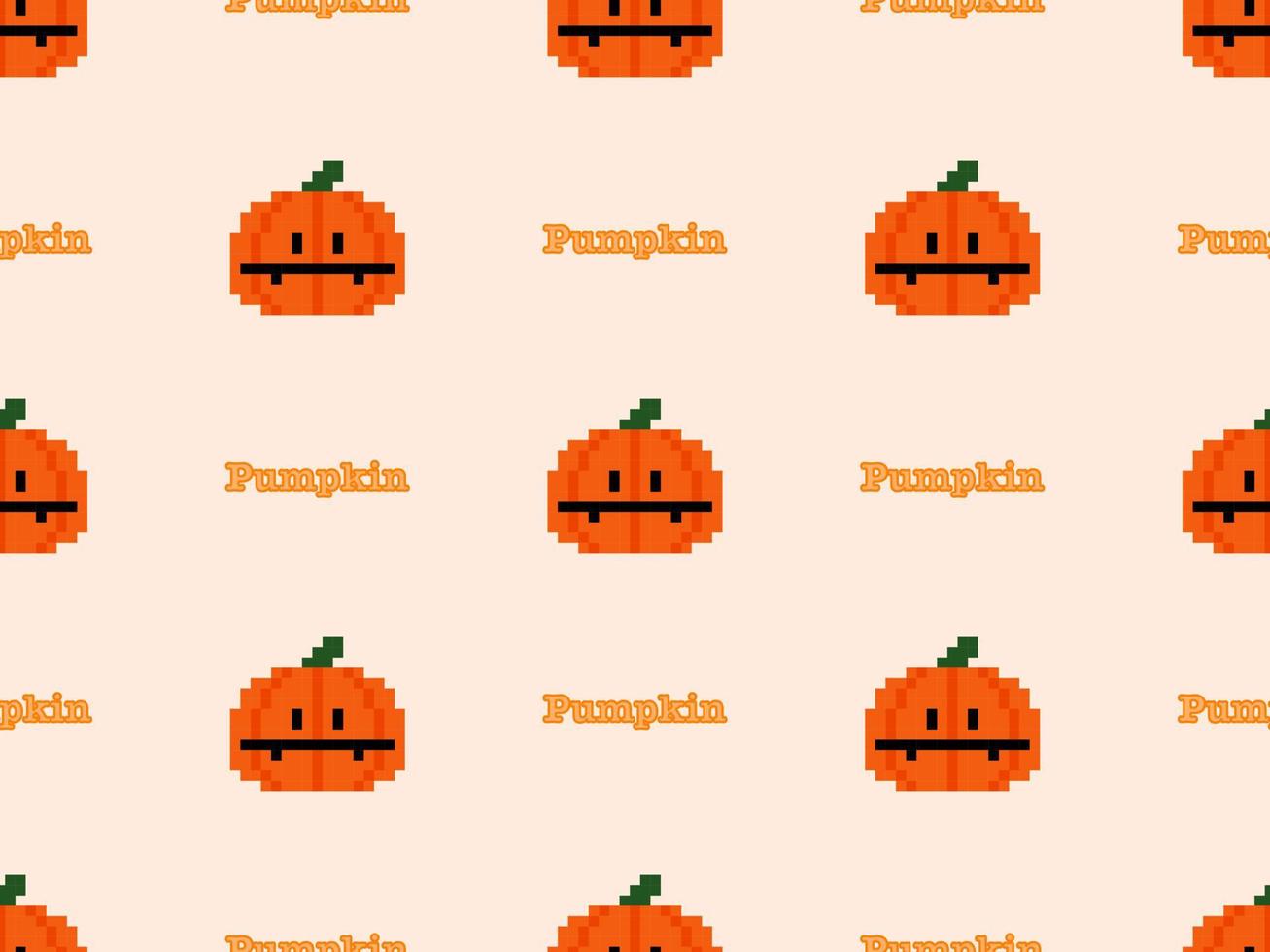 Pumpkin cartoon character seamless pattern on orange background. Pixel style vector