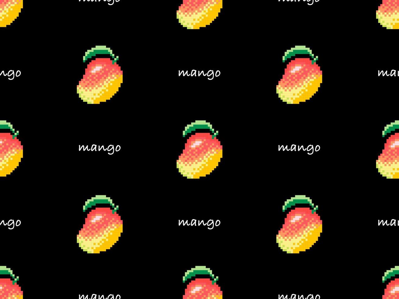 Mango cartoon character seamless pattern on black background. Pixel style vector