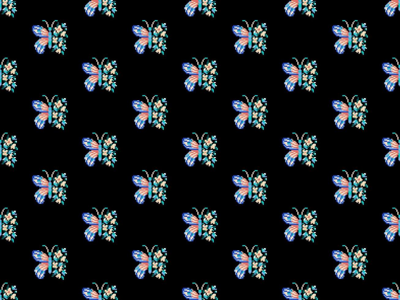 Butterfly cartoon character seamless pattern on yellow background. Pixel style. vector