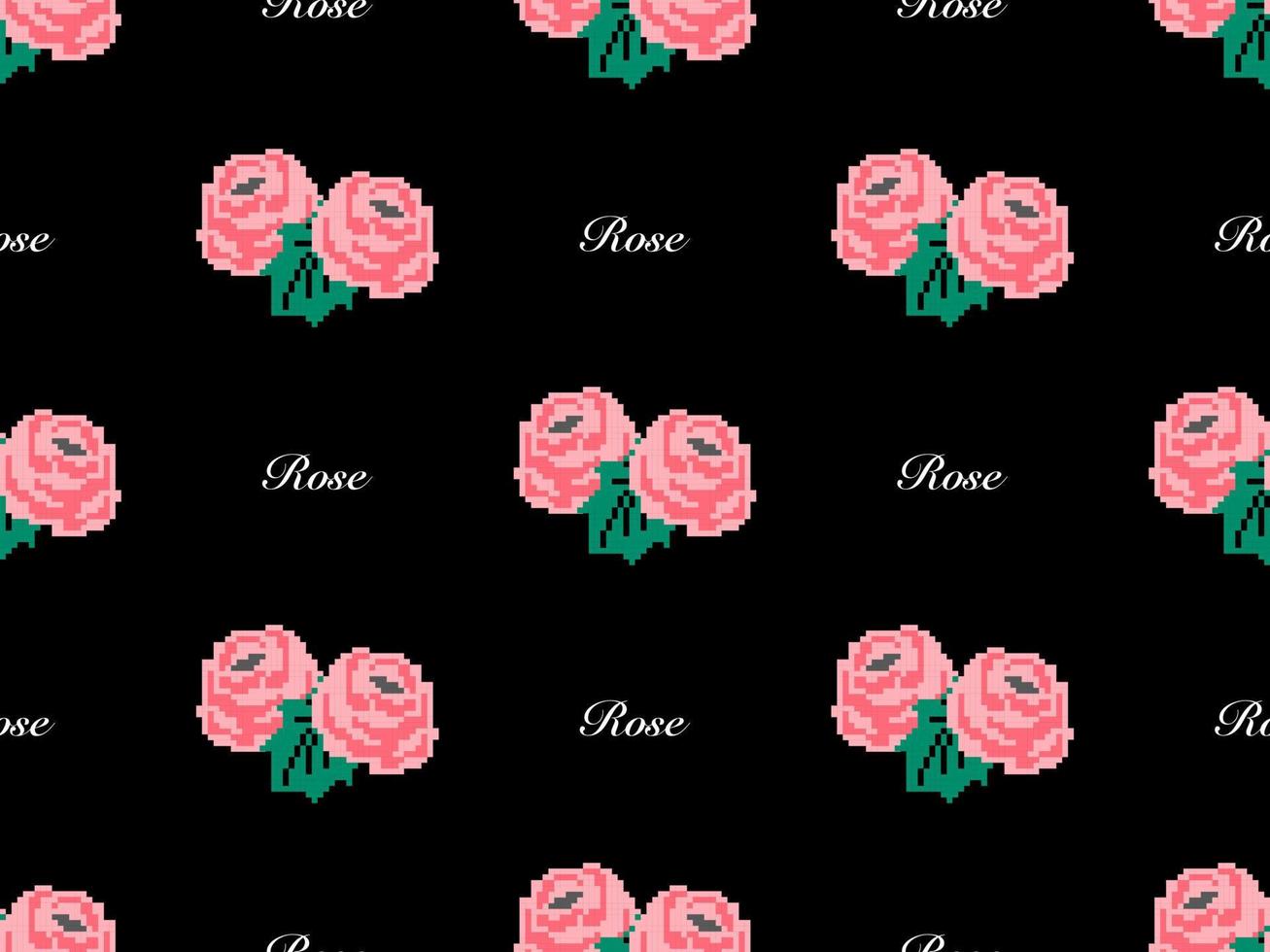 Rose cartoon character seamless pattern on black background. Pixel style vector