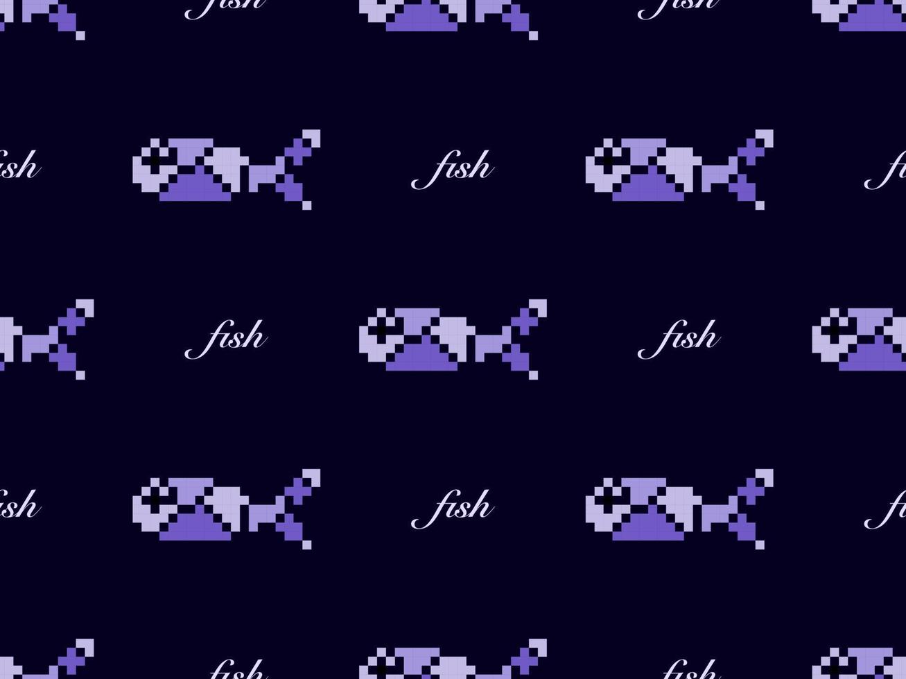 Fish cartoon character seamless pattern on purple background. Pixel style. vector
