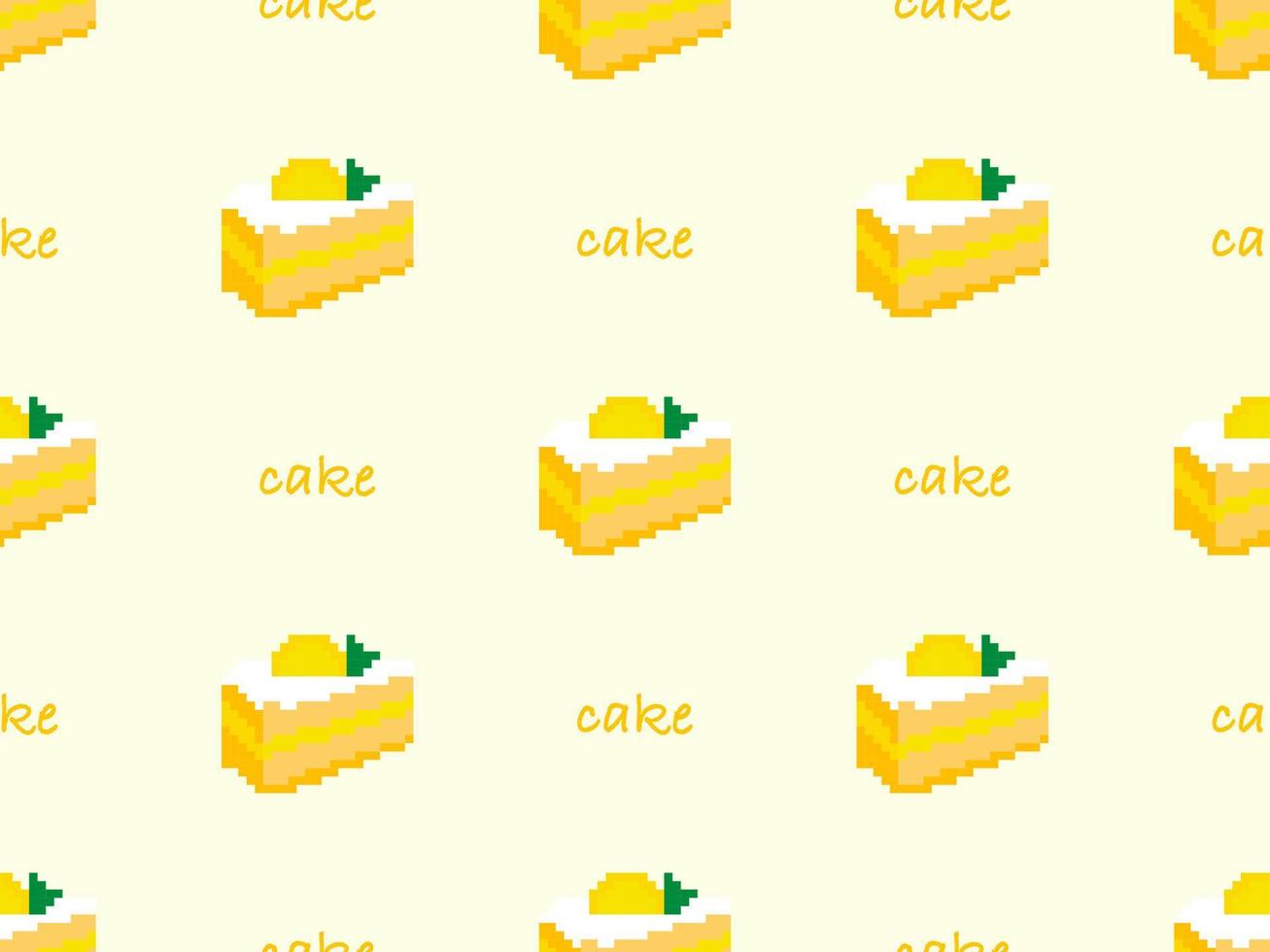 Cake cartoon character seamless pattern on yellow background. Pixel style vector