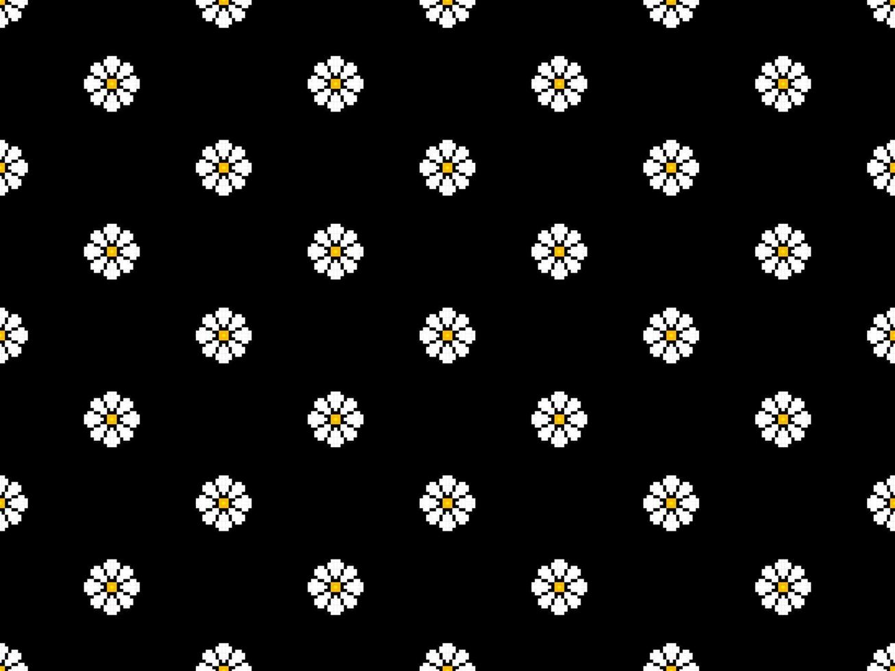 Flower cartoon character seamless pattern on black background. Pixel style vector