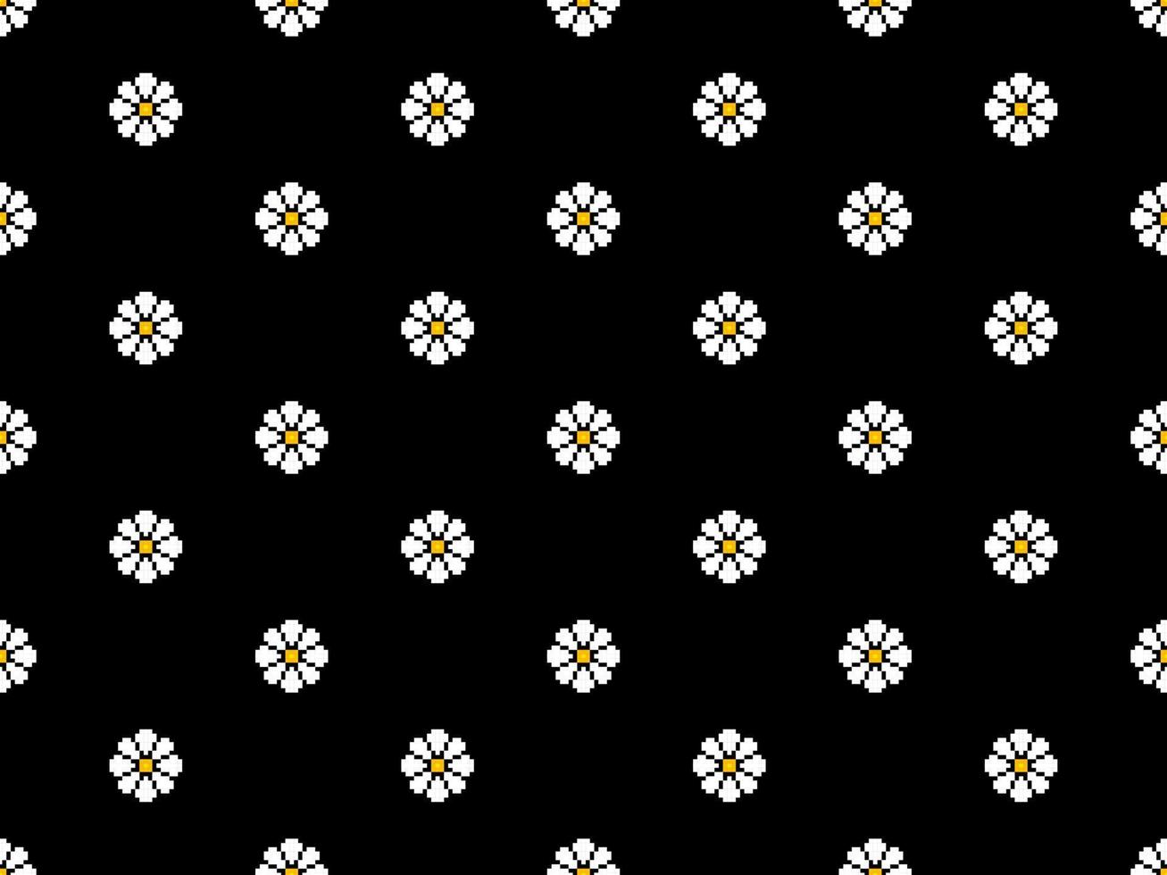 Flower cartoon character seamless pattern on black background. Pixel style vector