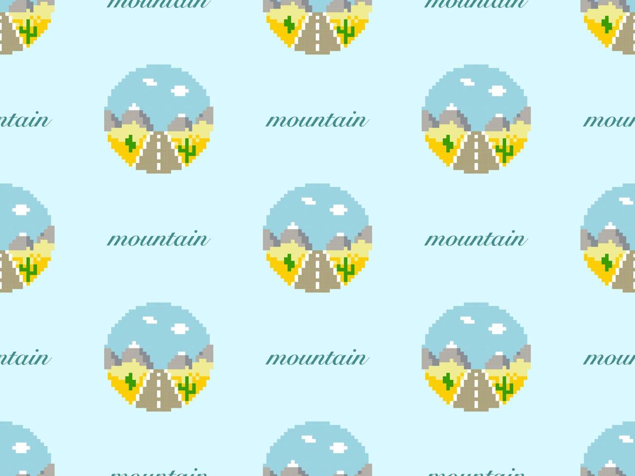 Mountain cartoon character seamless pattern on blue background. Pixel style vector