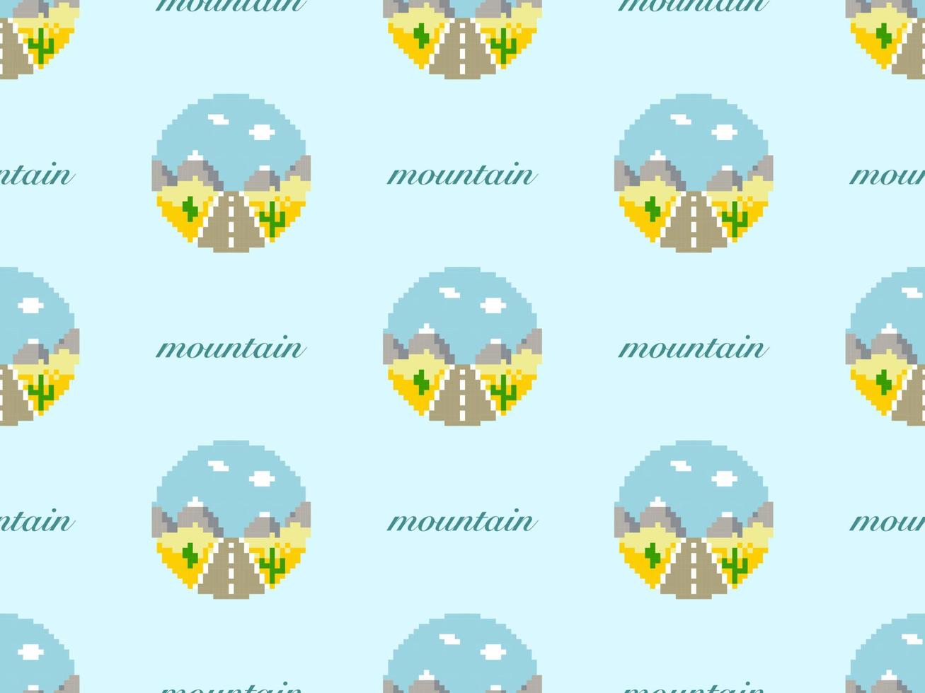 Mountain cartoon character seamless pattern on blue background. Pixel style vector