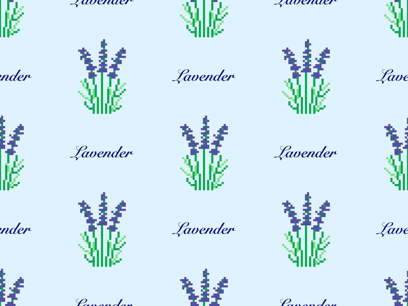 Lavender cartoon character seamless pattern on blue background. Pixel style vector