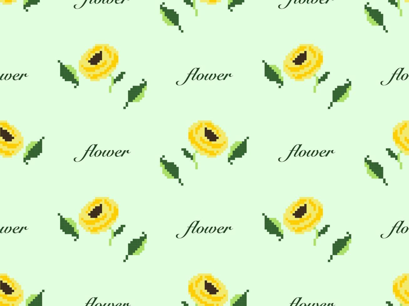 Flower cartoon character seamless pattern on green background. Pixel style vector
