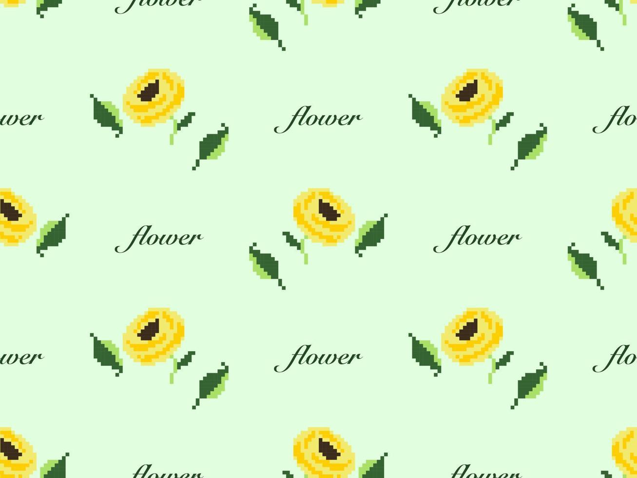 Flower cartoon character seamless pattern on green background. Pixel style vector