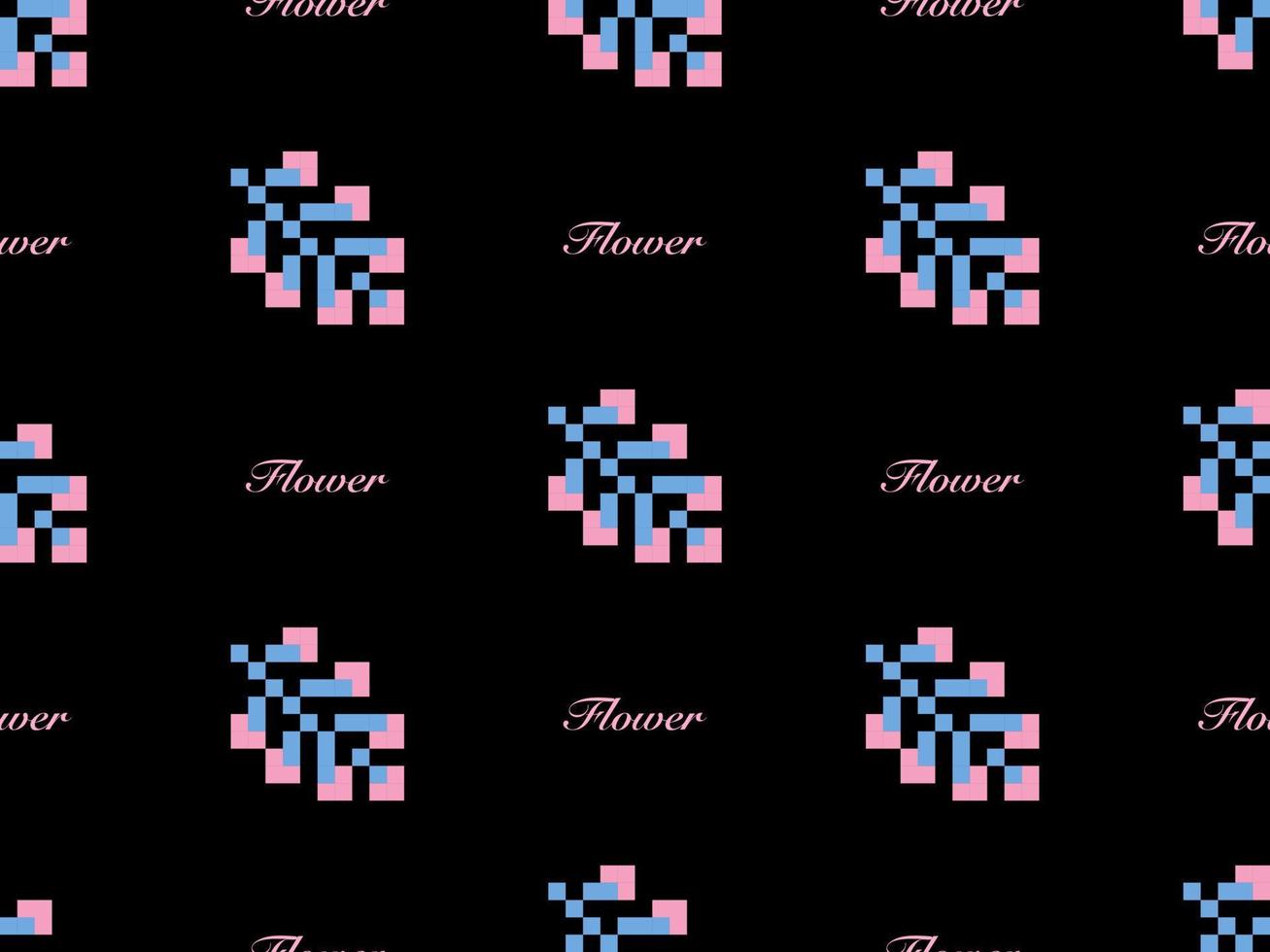 personaje de dibujos animados de flores de patrones sin fisuras sobre fondo negro. estilo de píxel vector