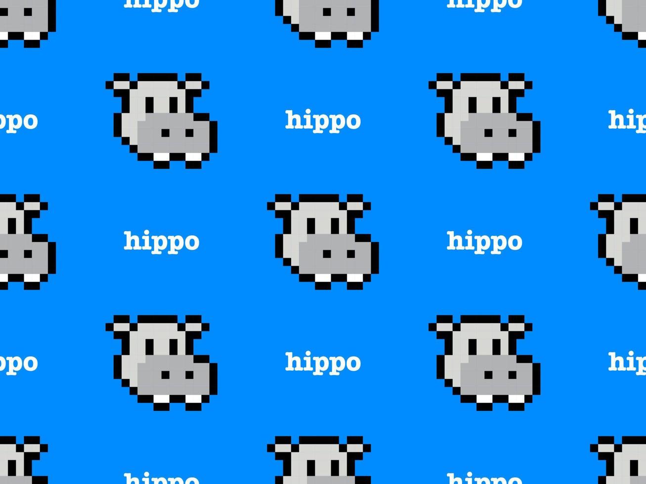Hippo cartoon character seamless pattern on blue background. Pixel style. vector