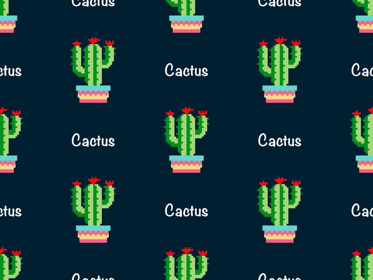 Cactus cartoon character seamless pattern on black background. Pixel style. vector