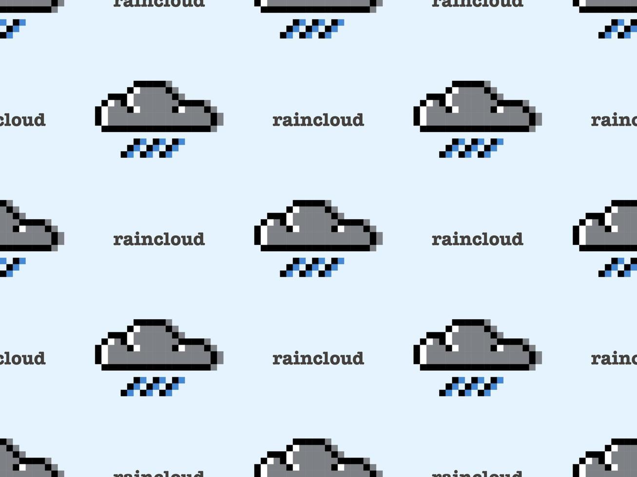 Rain cloud cartoon character seamless pattern on blue background. Pixel style. vector