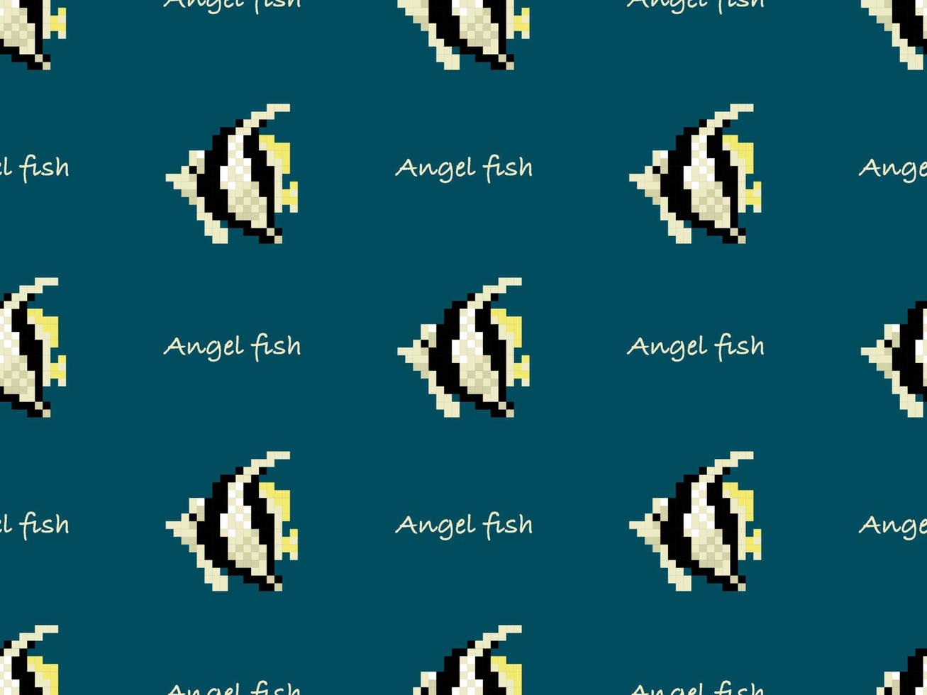 Angel fish cartoon character seamless pattern on green background. Pixel style vector