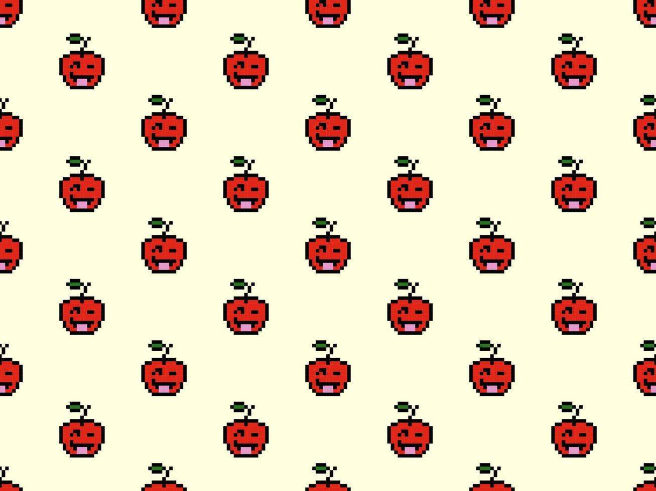 Apple cartoon character seamless pattern on yellow background. Pixel style. vector