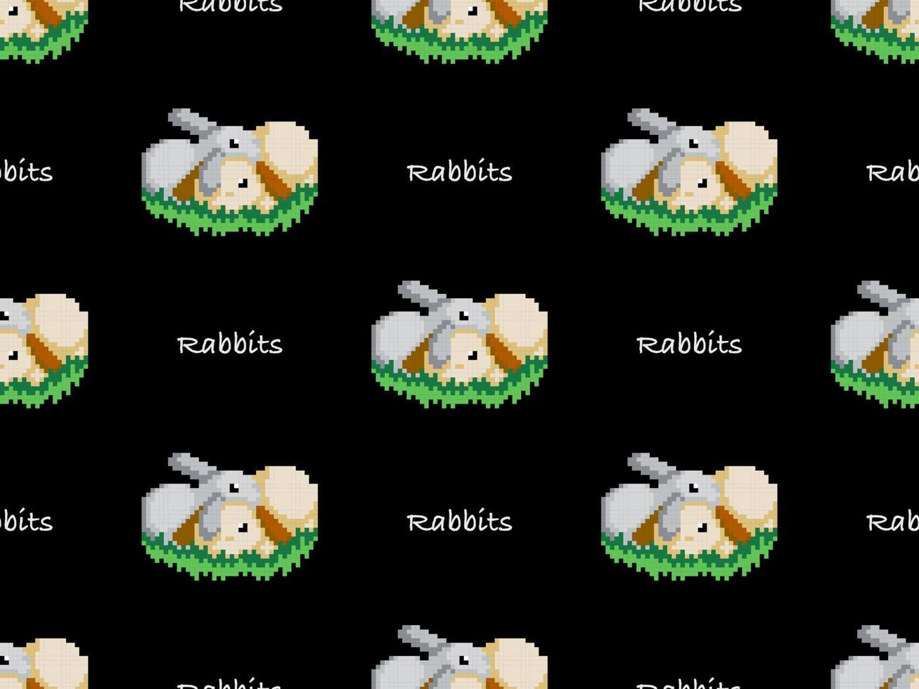 Rabbits cartoon character seamless pattern on black background. Pixel style. vector