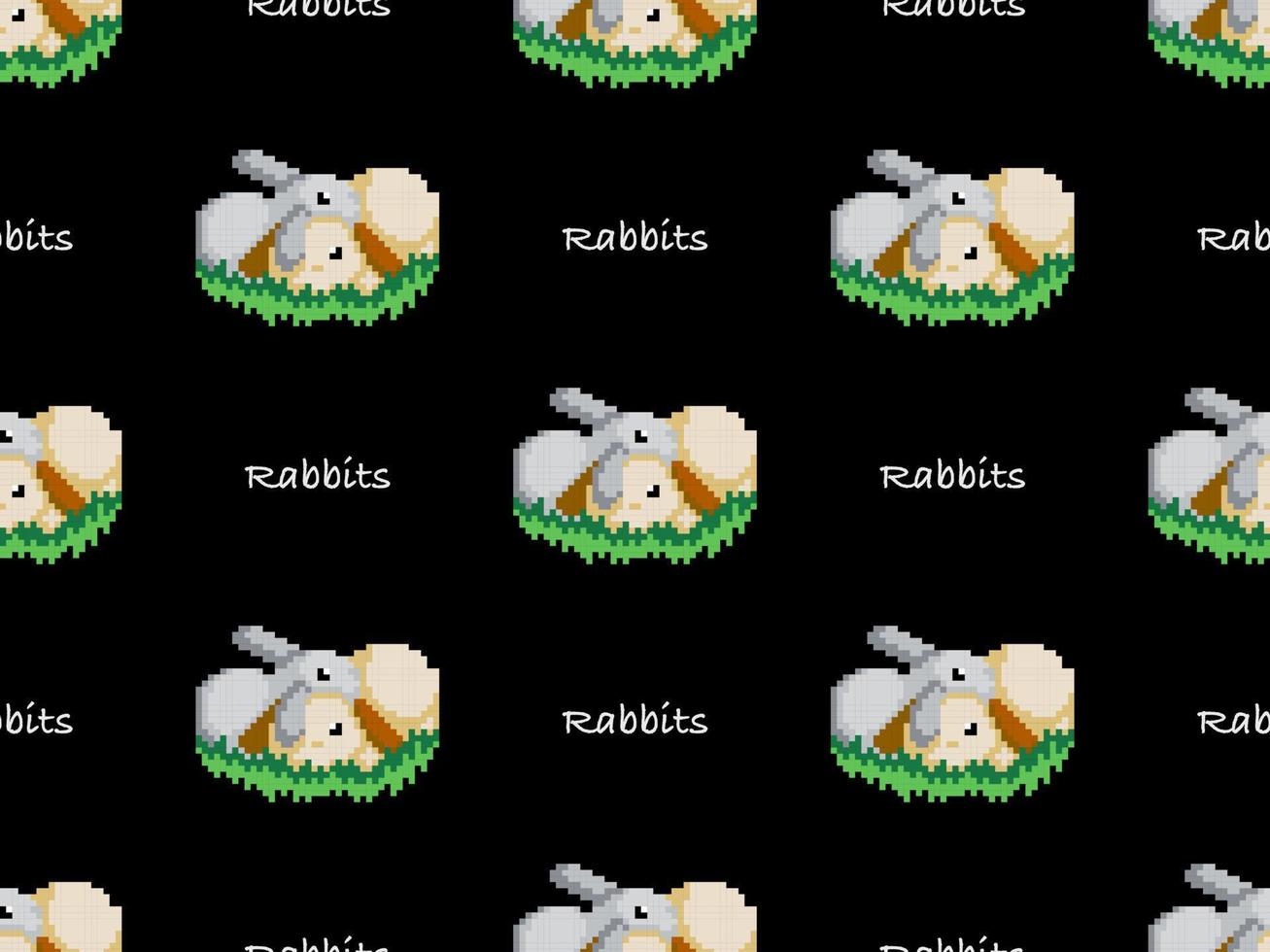 Rabbits cartoon character seamless pattern on black background. Pixel style. vector