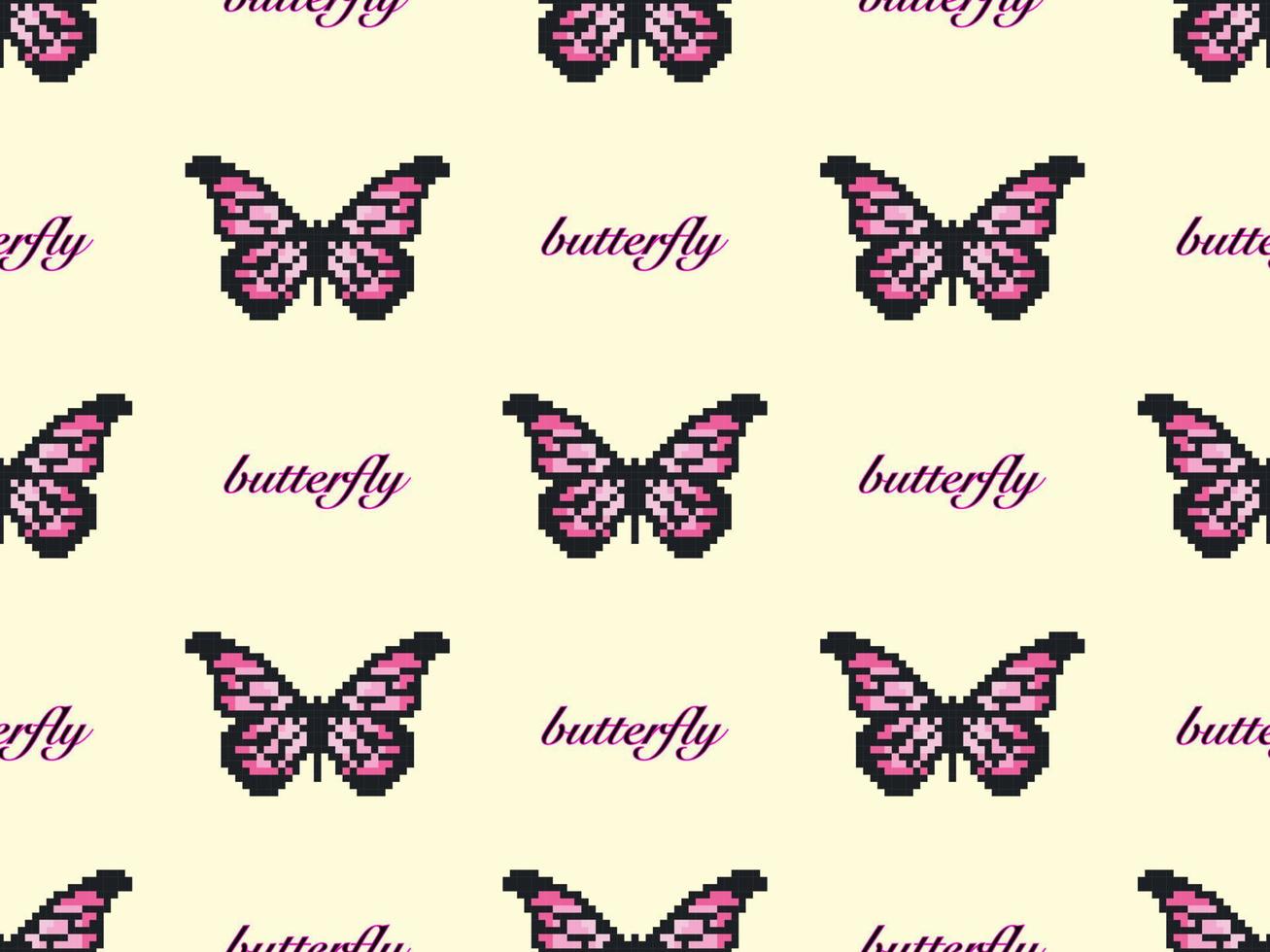 Butterfly cartoon character seamless pattern on yellow background. Pixel style vector