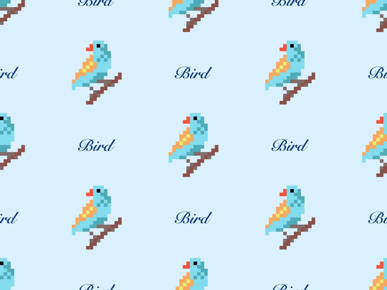 Bird cartoon character seamless pattern on blue background. Pixel style. vector