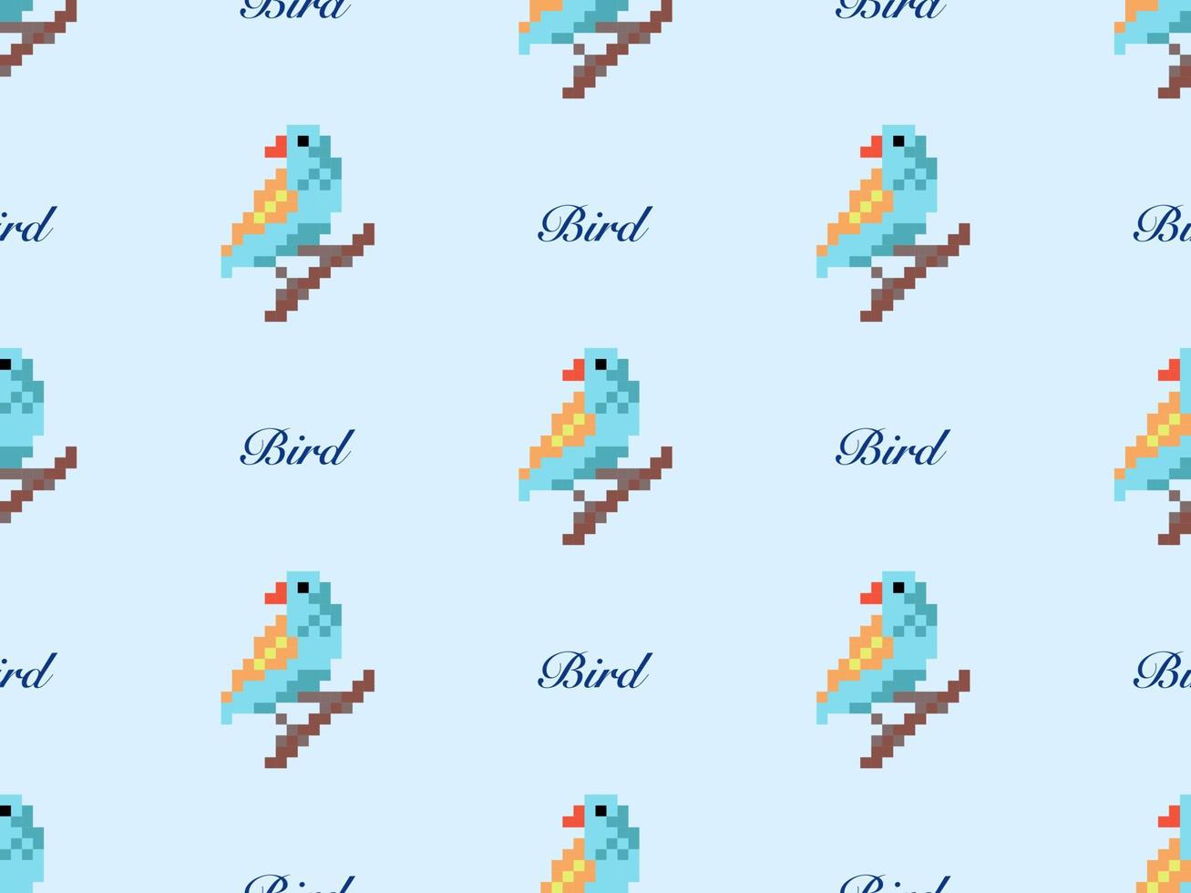 Bird cartoon character seamless pattern on blue background. Pixel style. vector