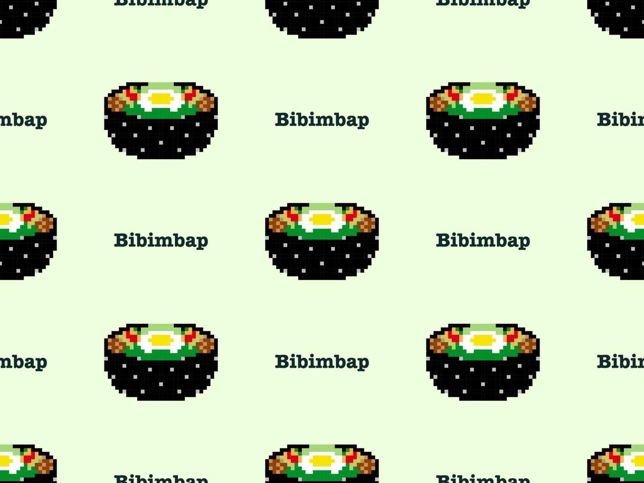 Bibimbap cartoon character seamless pattern on green background. Pixel style. vector