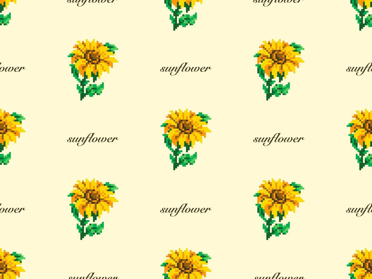 Sunflower cartoon character seamless pattern on yellow background. Pixel style vector