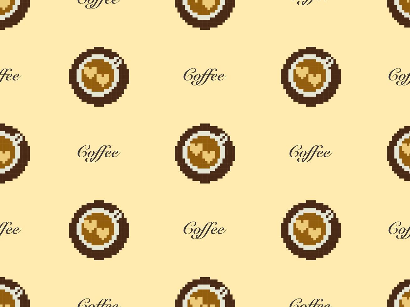 Coffee cartoon character seamless pattern on yellow background. Pixel style. vector