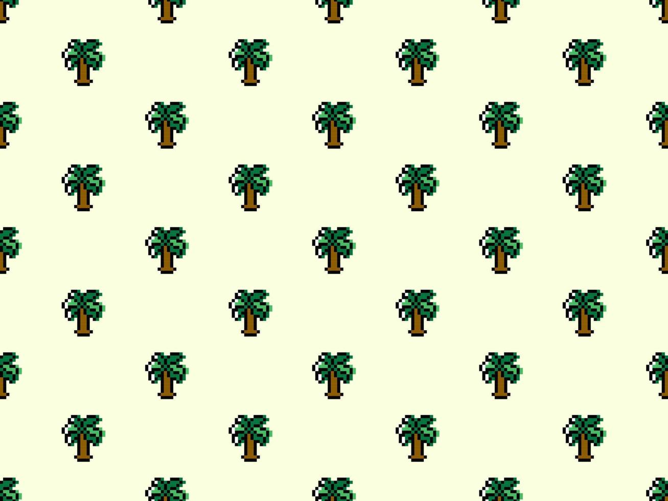 Tree cartoon character seamless pattern on yellow background. Pixel style. vector