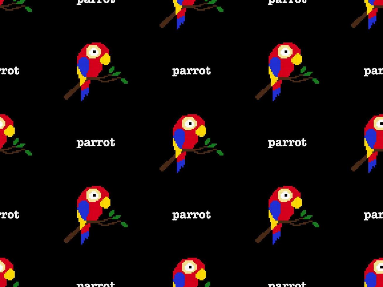 Parrot cartoon character seamless pattern on black background. Pixel style vector