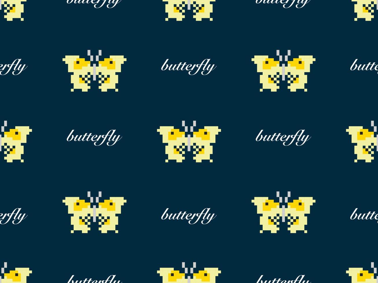 Butterfly cartoon character seamless pattern on blue background. Pixel style vector