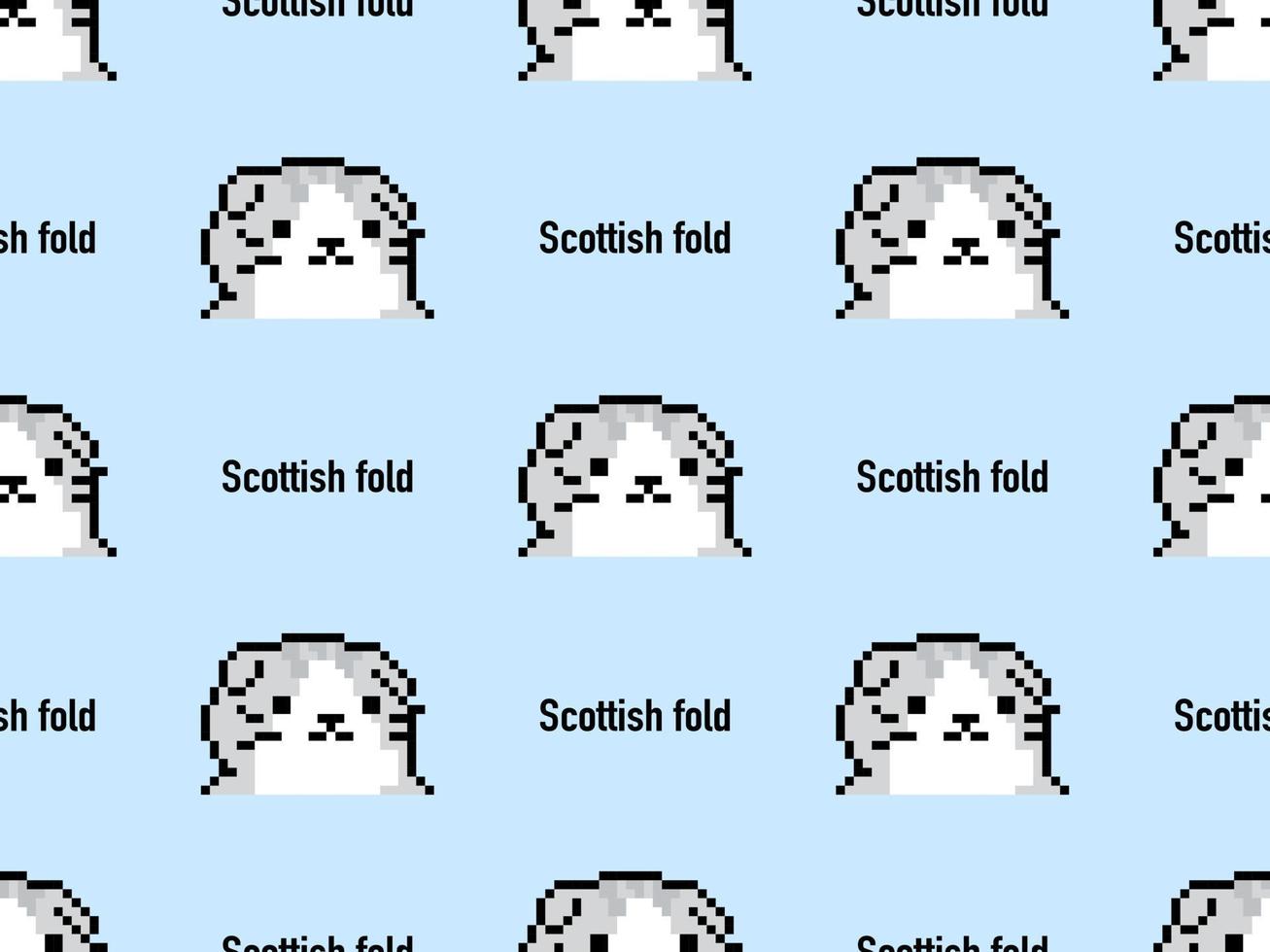 Scottish fold cartoon character seamless pattern on blue background. Pixel style. vector