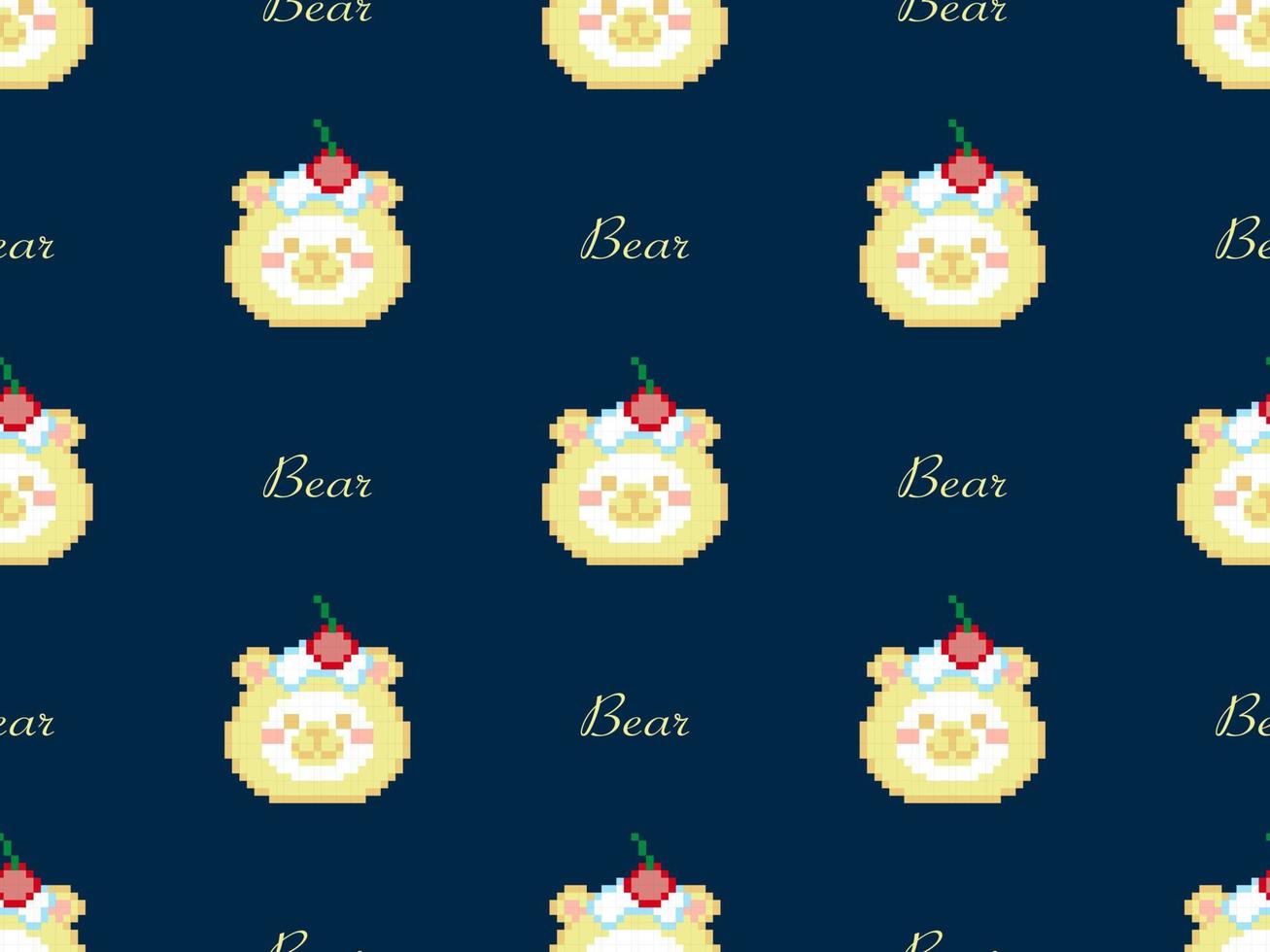 Bear cartoon character seamless pattern on blue background. Pixel style vector
