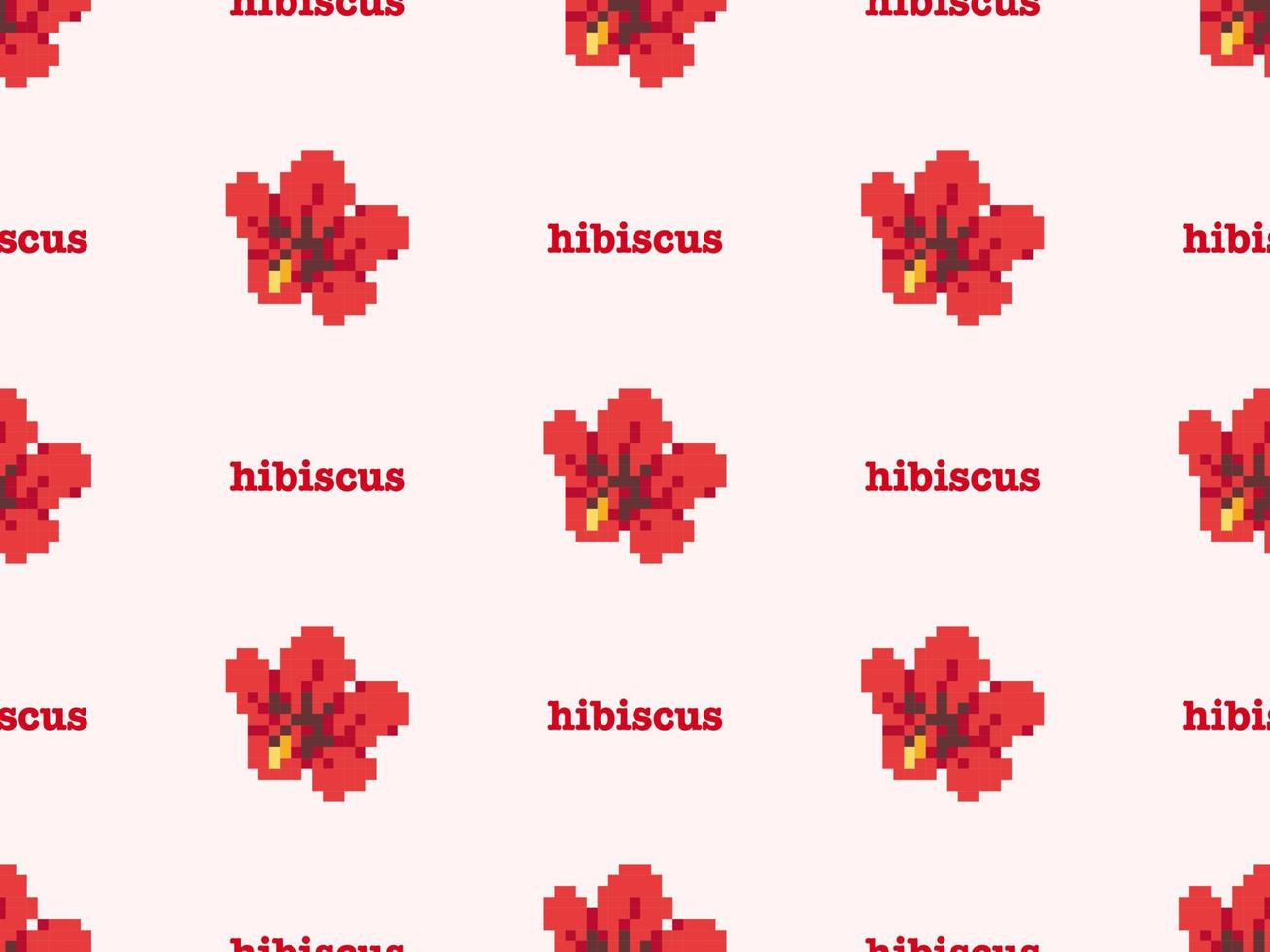 Hibiscus cartoon character seamless pattern on pink background. Pixel style vector