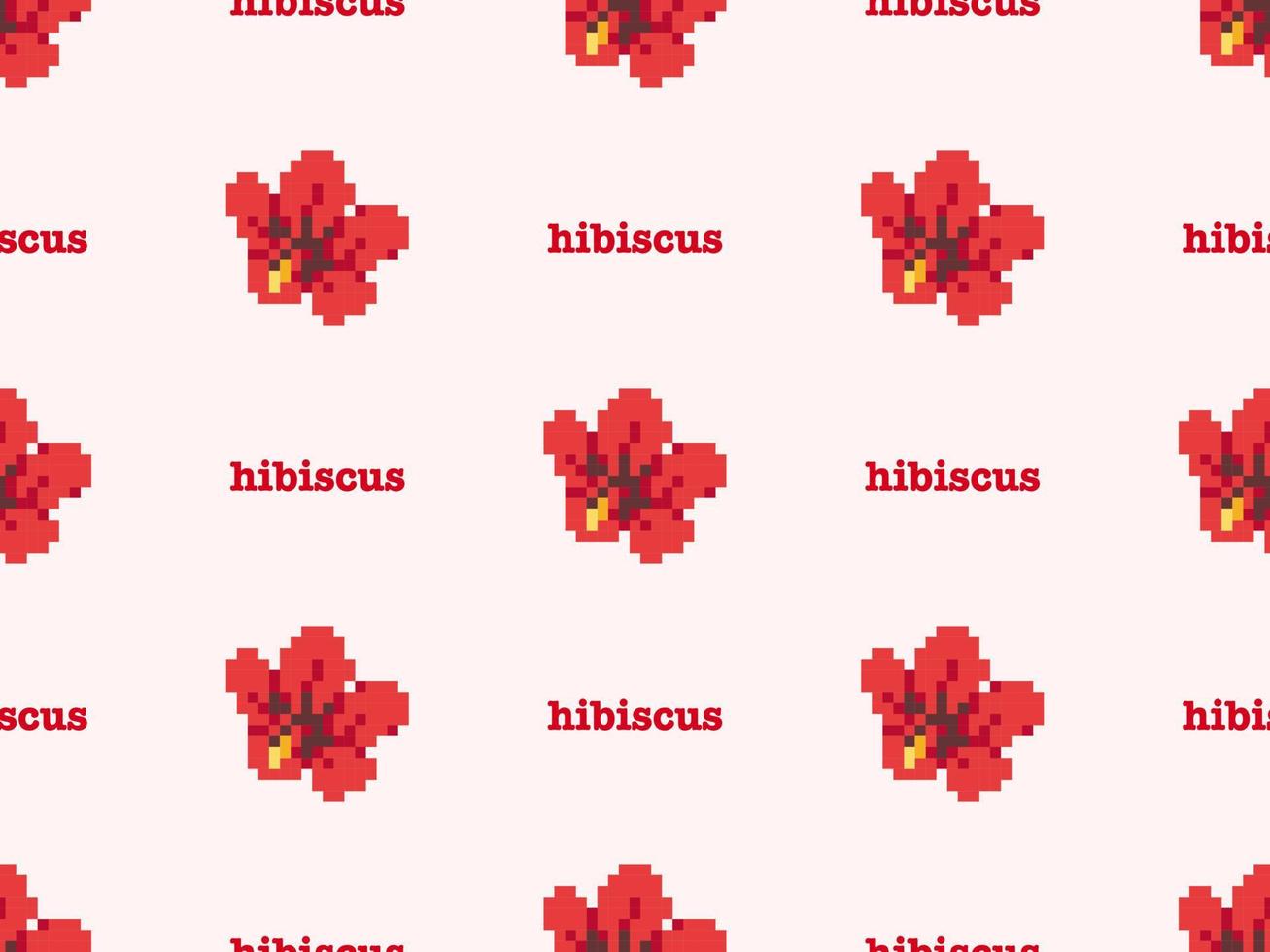 Hibiscus cartoon character seamless pattern on pink background. Pixel style vector