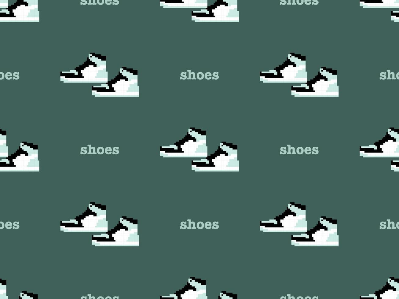 Shoes cartoon character seamless pattern on green background. Pixel style. vector