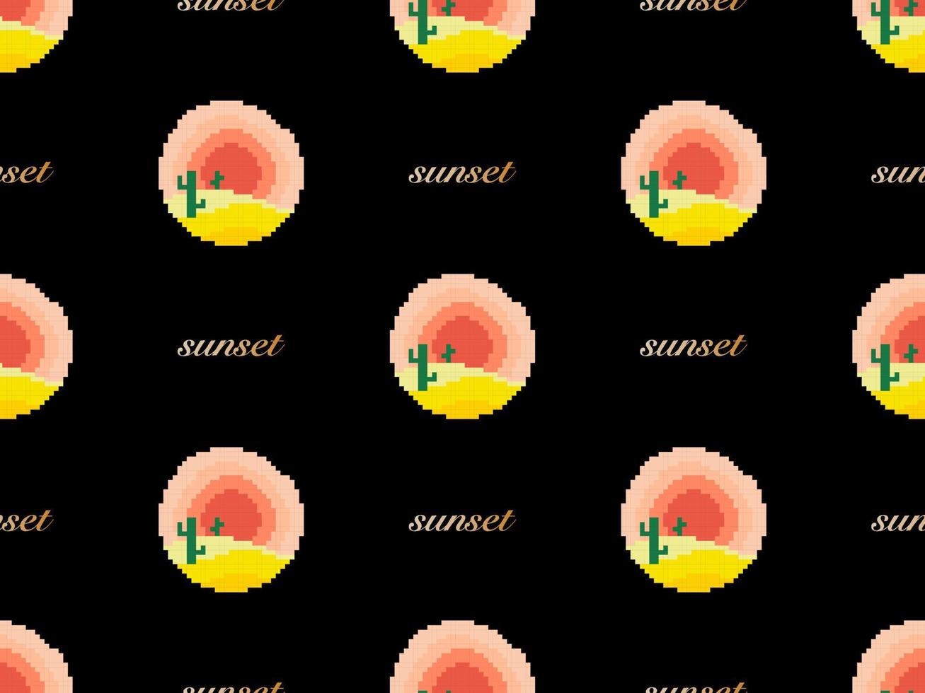 Sunset cartoon character seamless pattern on black background. Pixel style vector