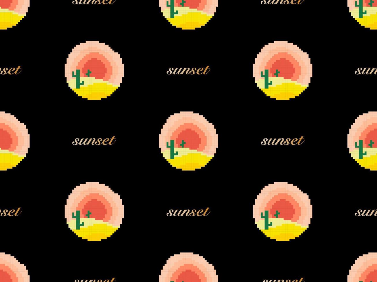 Sunset cartoon character seamless pattern on black background. Pixel style vector