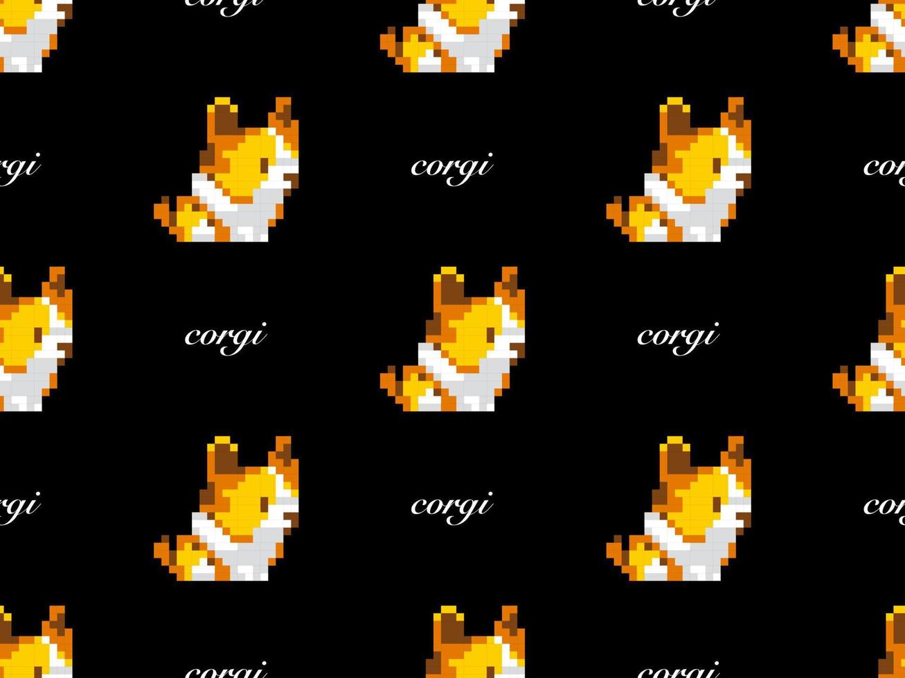 Corgi cartoon character seamless pattern on black background. Pixel style. vector