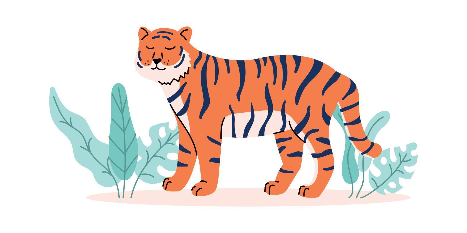 Tiger with the exotic leaves. vector