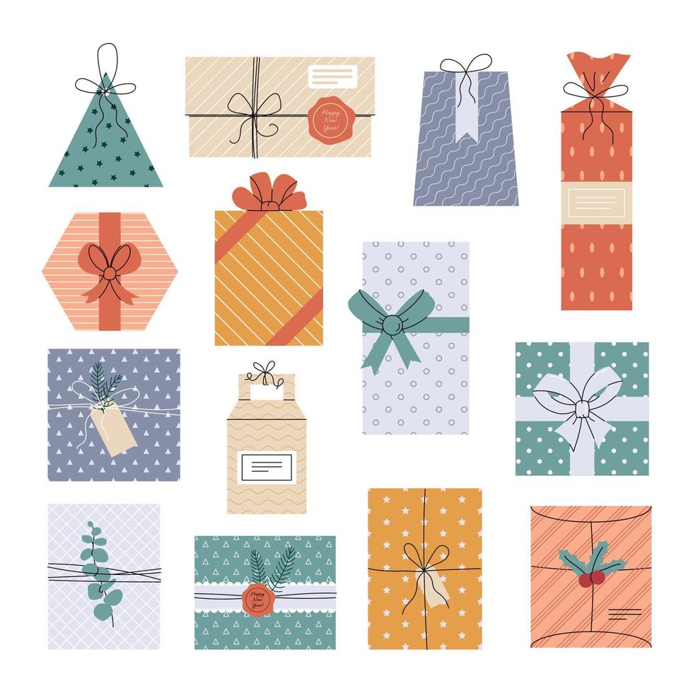 conjunto vectorial de diferentes cajas de regalo envueltas en colores. cajas de regalo de navidad. regalos de fiesta vector