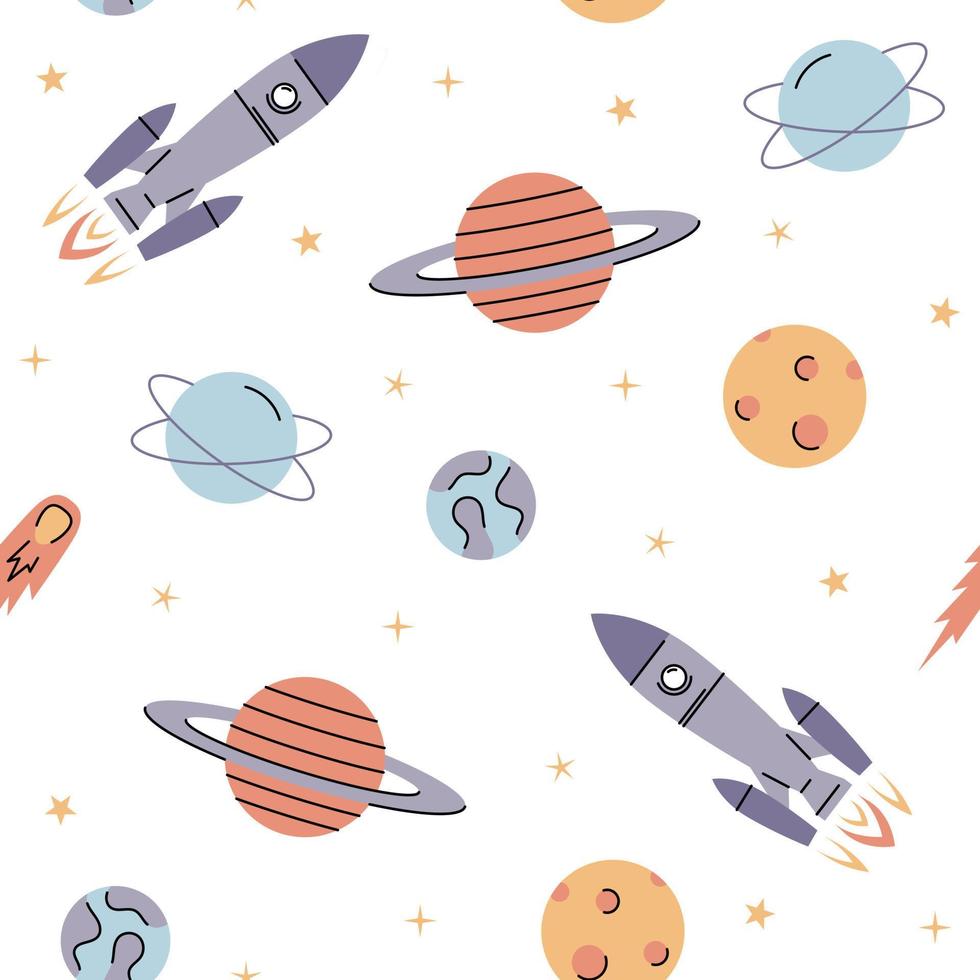 Space elements seamless pattern with rockets, planets, stars and comet. vector