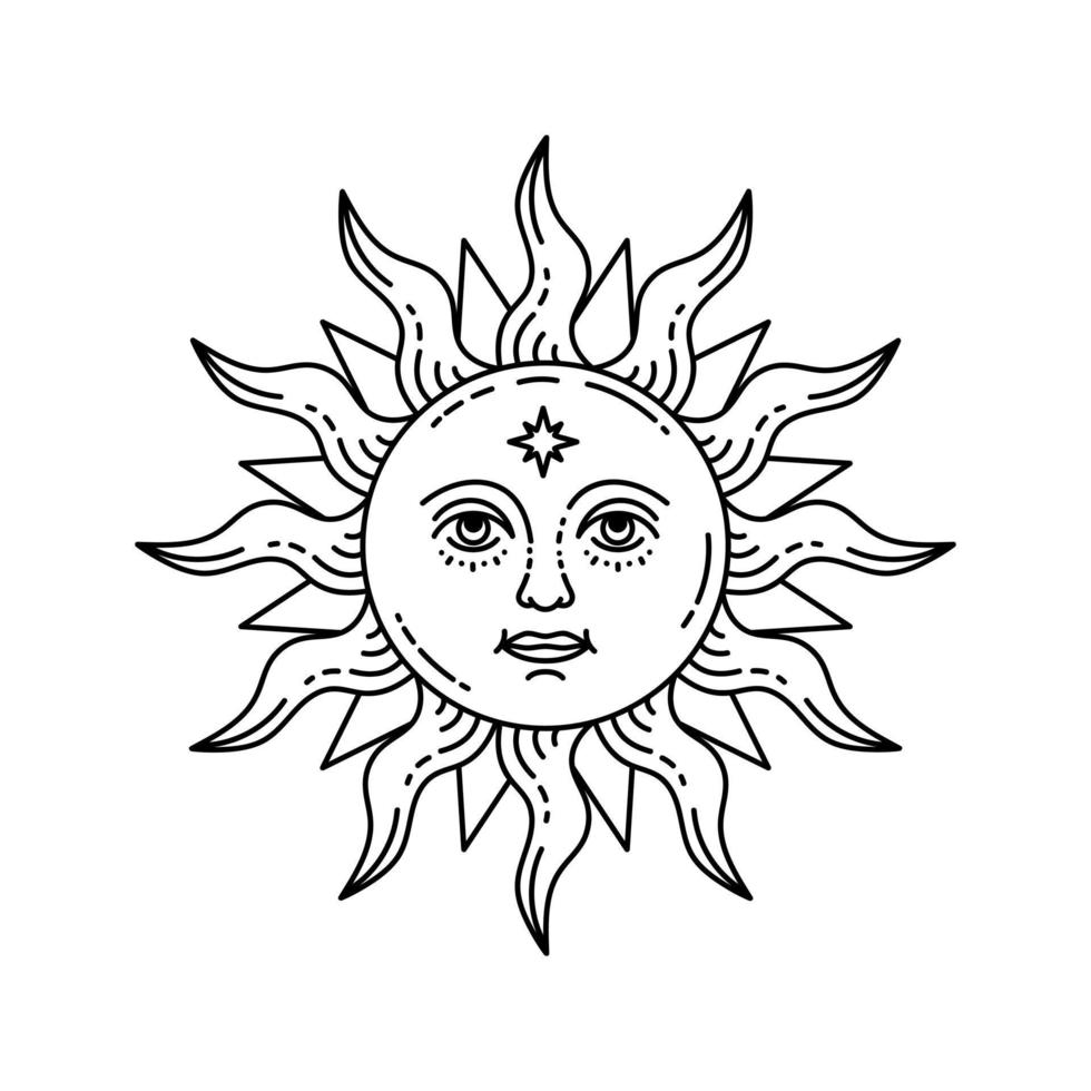 Celestial illustration of sun with face and opened eyes, stylized drawing, tarot card. vector