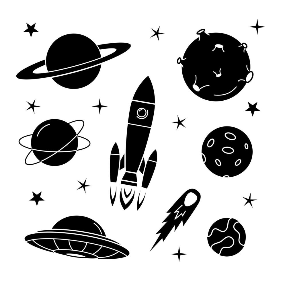 Black icon space set. Rocket, planets, moon, comet, satellite planets and stars. Meteorite and spaceship. vector