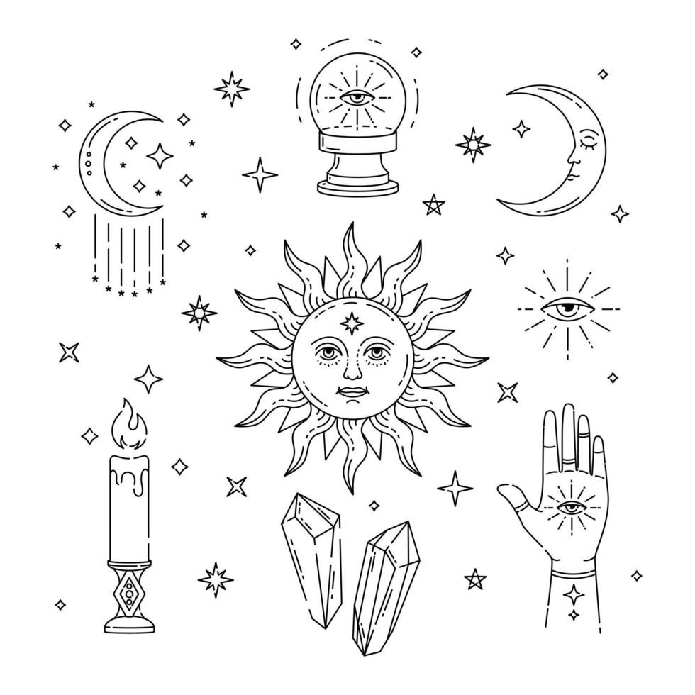 Celestial Magic outline illustration of icons and symbols of sun, moon, crystals, evil eye, witch hands. vector