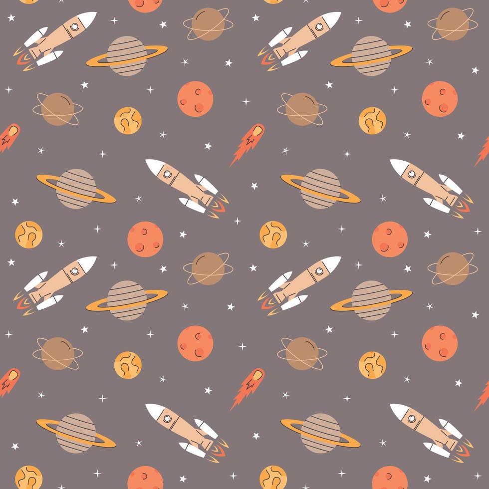 Space elements seamless pattern with rockets, planets, stars and comet. vector