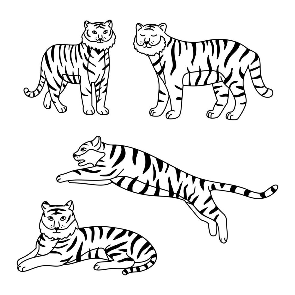 Set of big tigers. Collection of portraits of predatory wild cats. vector