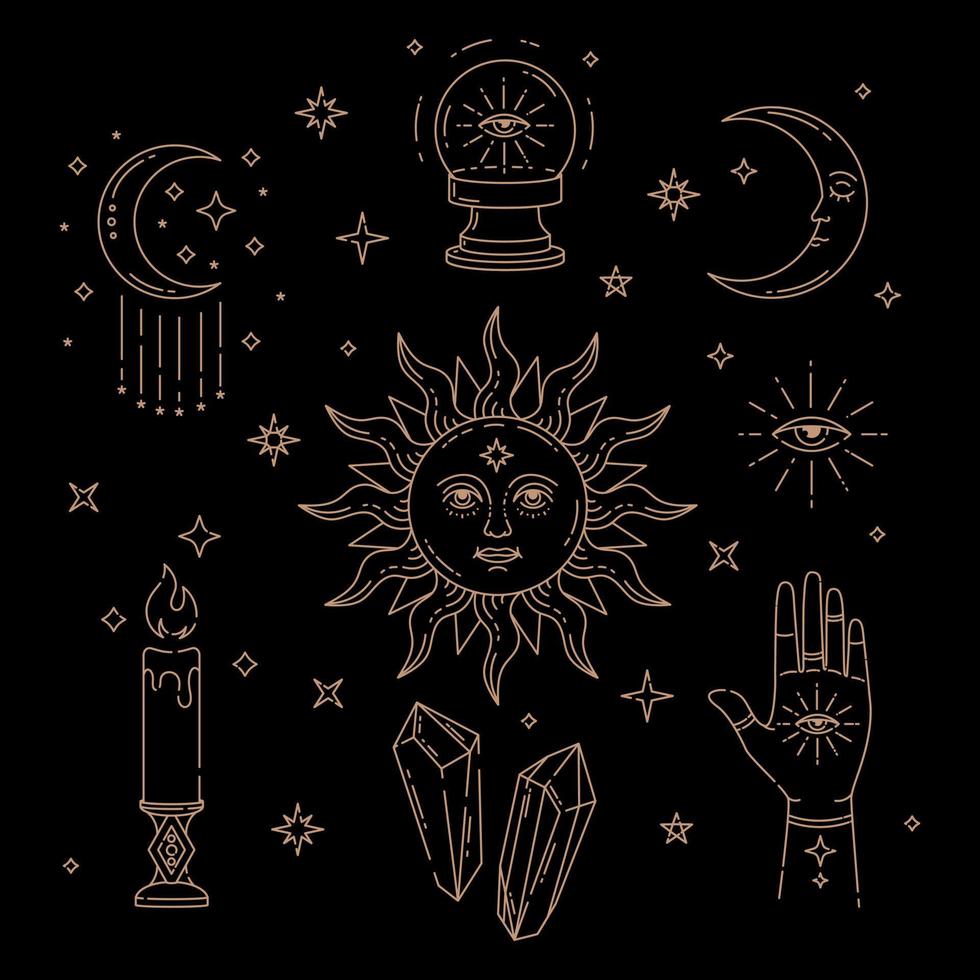 Celestial Magic outline gold illustration of icons and symbols of sun, moon, crystals, evil eye, witch hands. vector