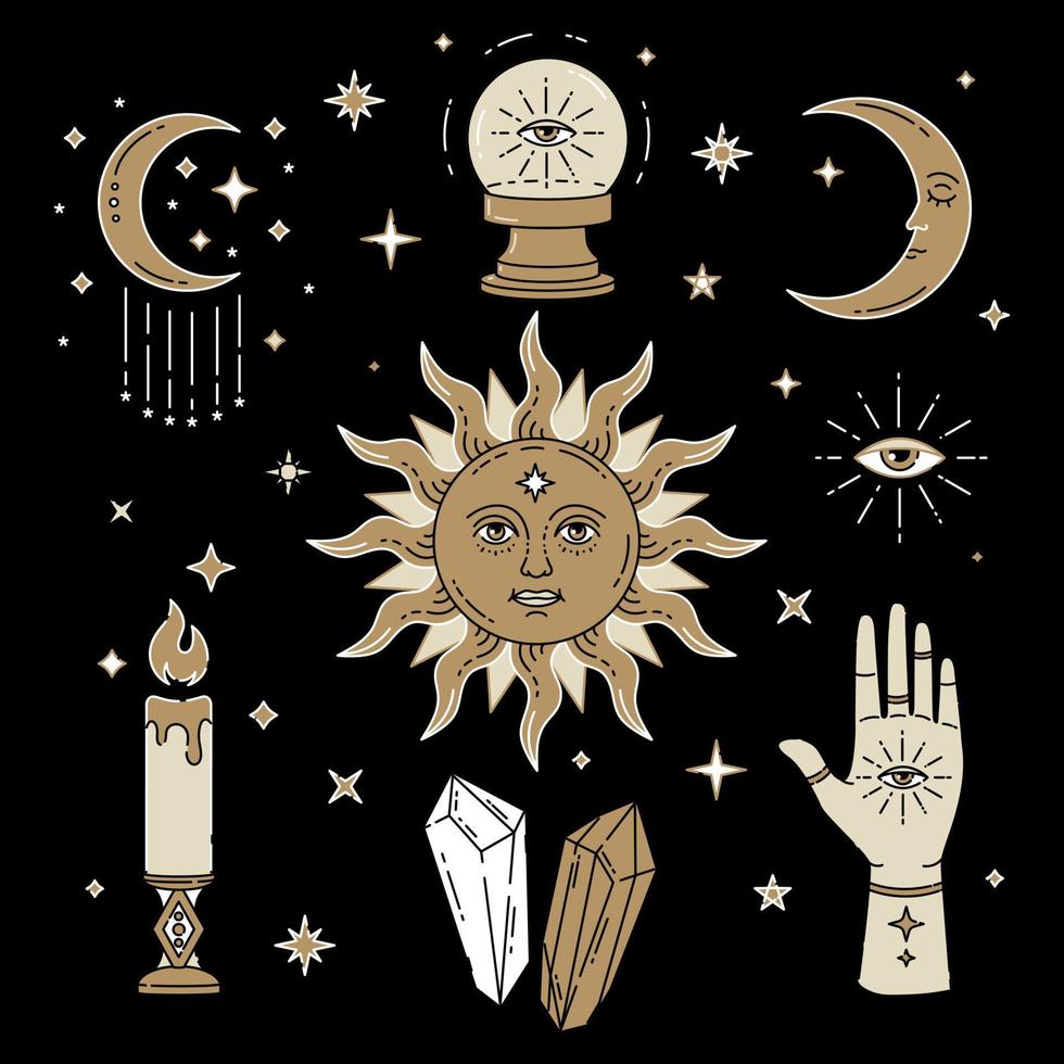 Celestial Magic gold colour illustration of icons and symbols of sun, moon, crystals, evil eye, witch hands. vector