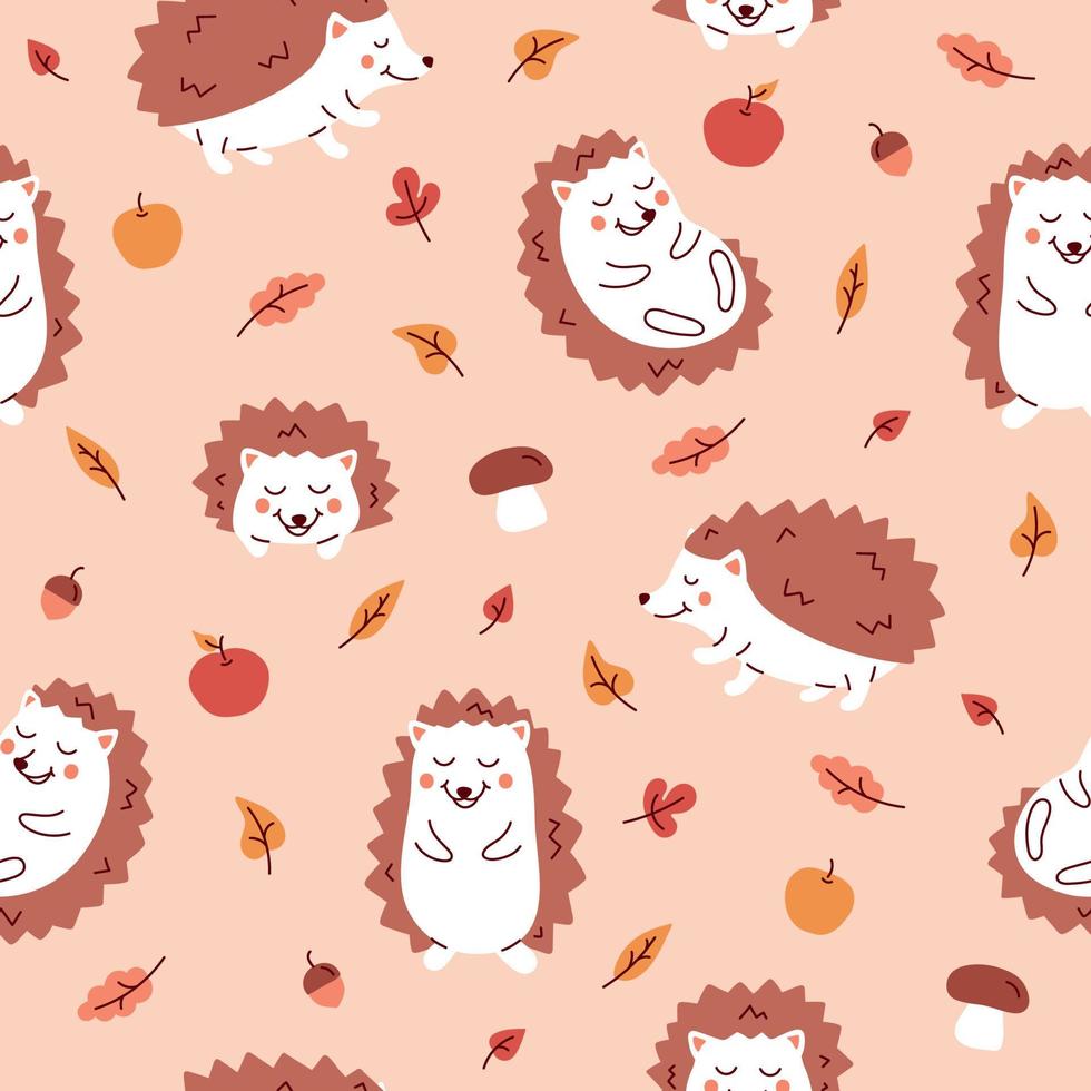Colour seamless pattern with hedgehogs, apples, mushrooms and fall leaves. vector